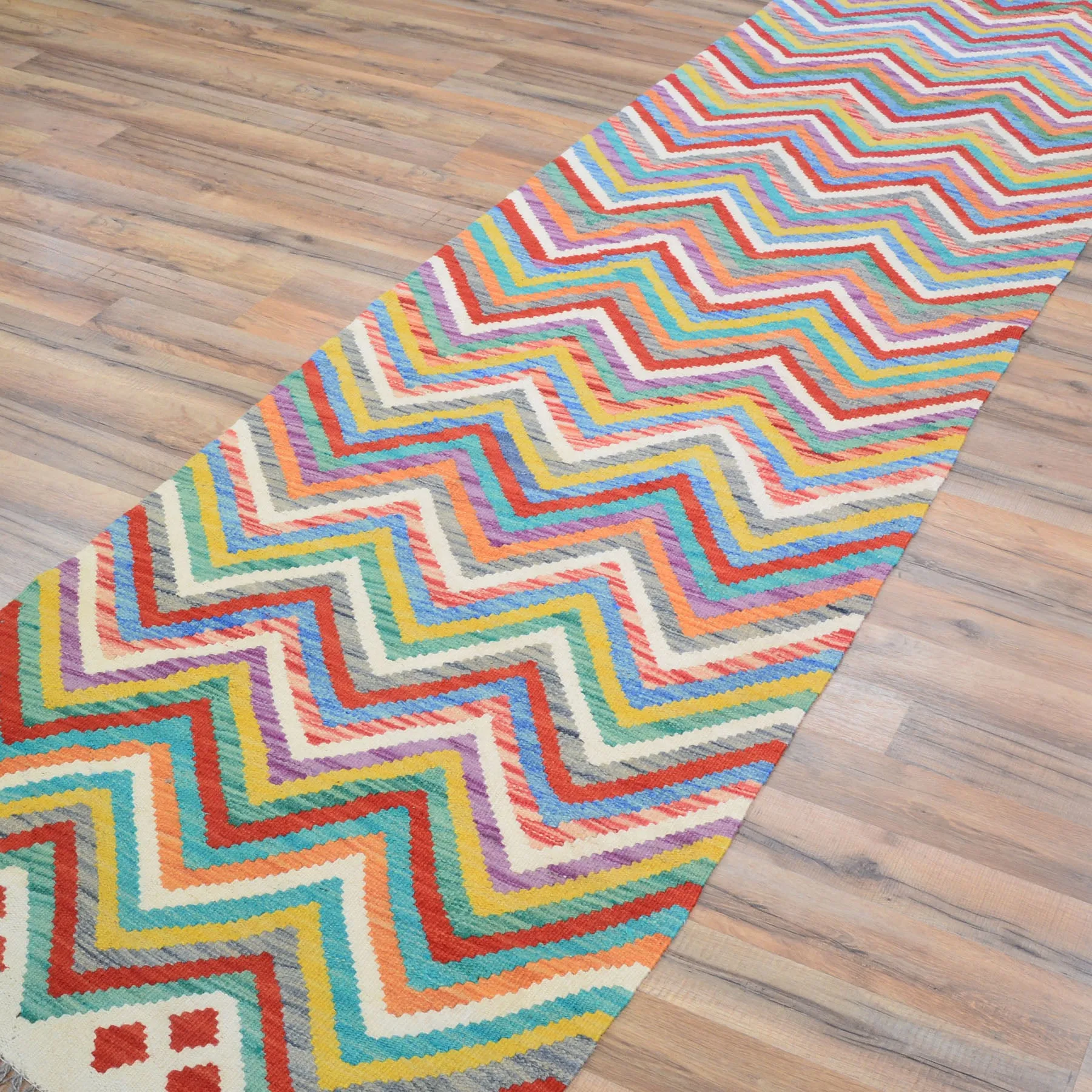 Hand-Woven Flatweave Geometric Design Kilim Handmade 100% Wool (Size 2.7 X 13.2) Cwral-9561