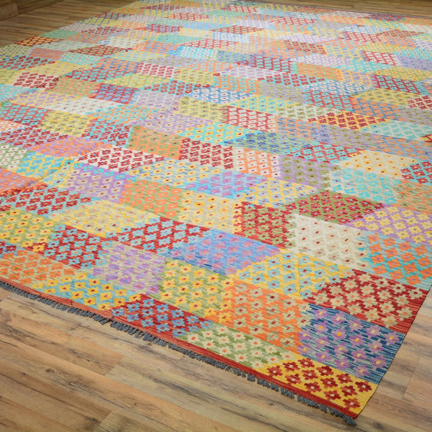 Hand-Woven Geometric Design Flat-Weave Wool afghan Rug (Size 11.2 X 13.5) Cwral-7584