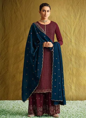 Maroon and Blue Embroidered Stylish Palazzo Style Suit
