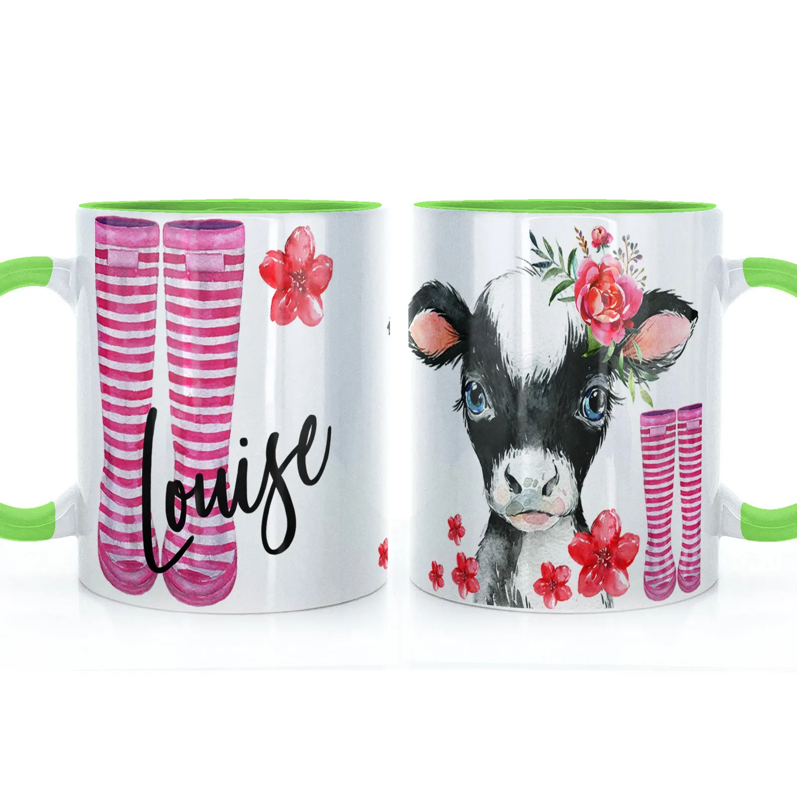 Personalised Mug with Stylish Text and Pink Flower & Cow Pink Striped Wellies