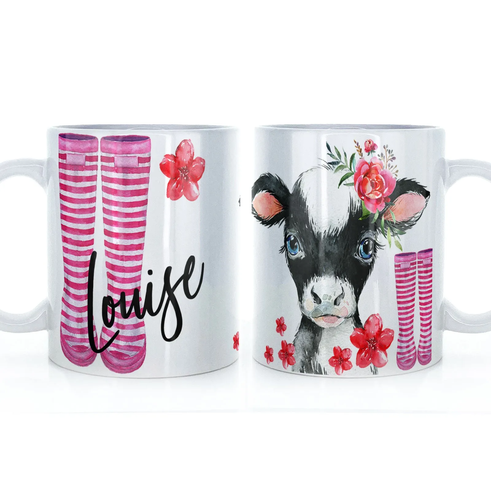 Personalised Mug with Stylish Text and Pink Flower & Cow Pink Striped Wellies