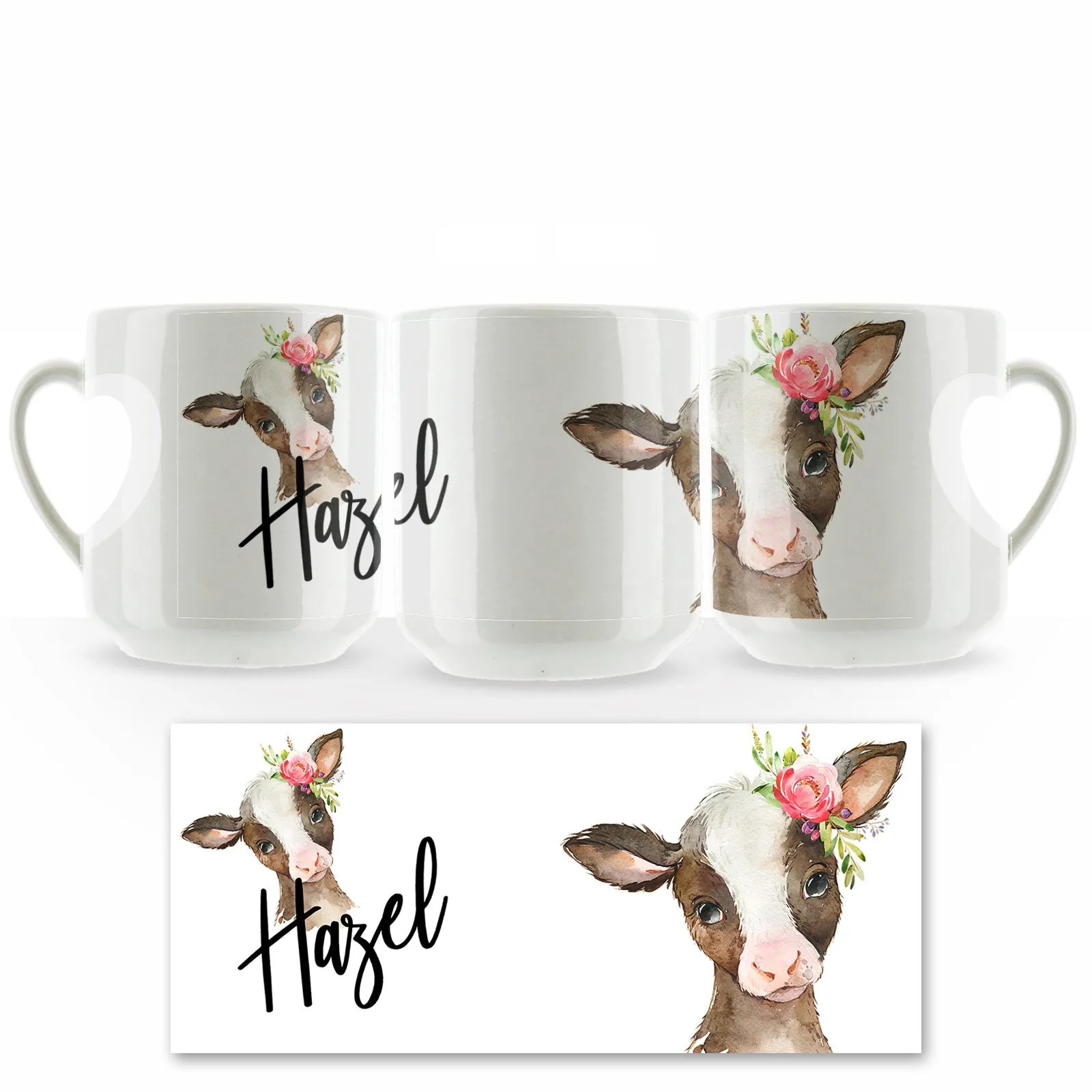 Personalised Mug with Stylish Text and Pink Flower Brown Cow
