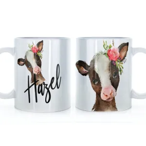 Personalised Mug with Stylish Text and Pink Flower Brown Cow