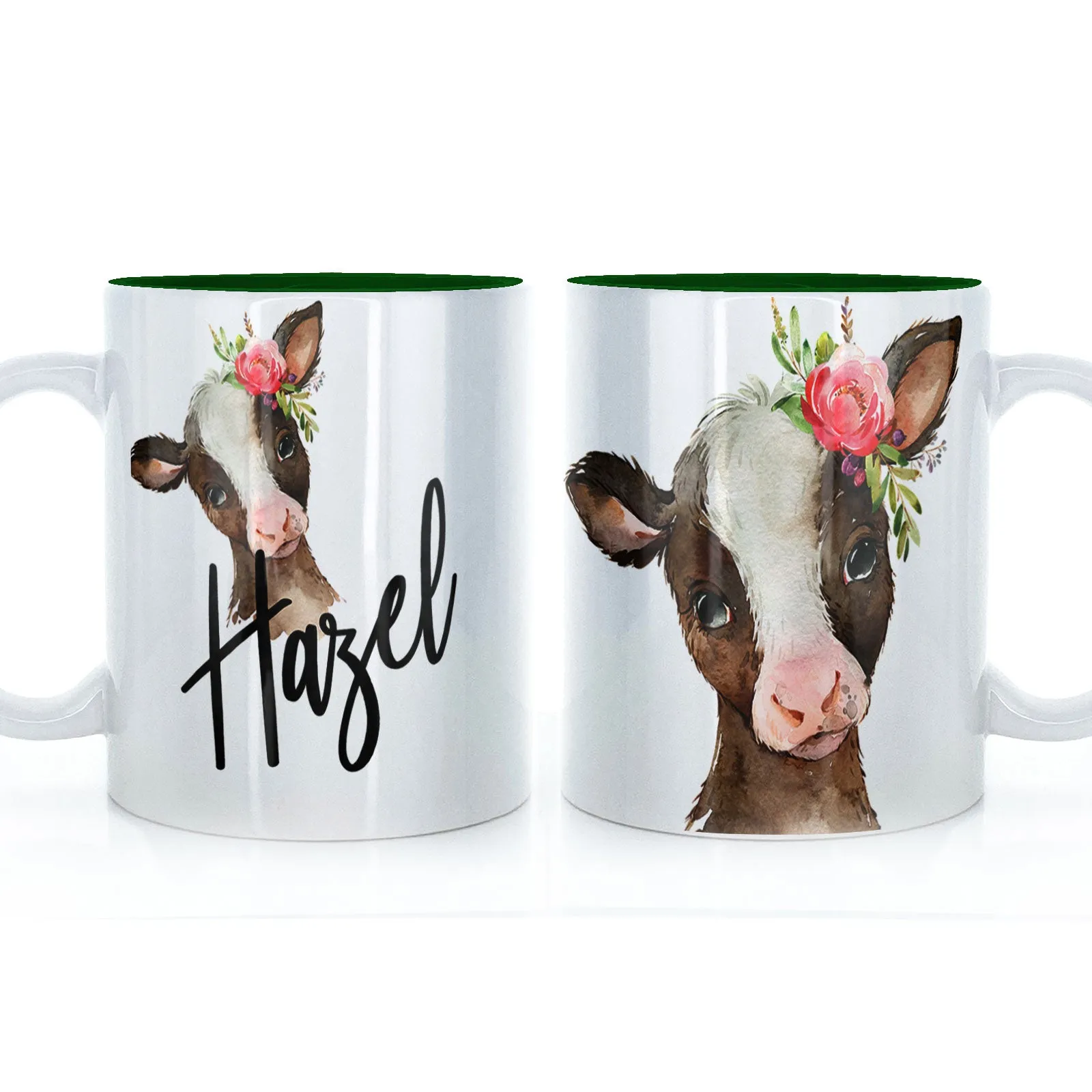 Personalised Mug with Stylish Text and Pink Flower Brown Cow