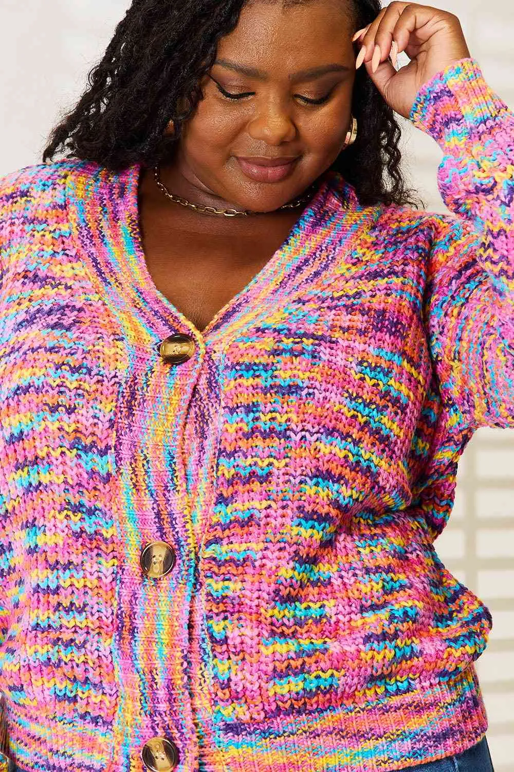 Pink Multicolor V-Neck Long Sleeve Cardigan