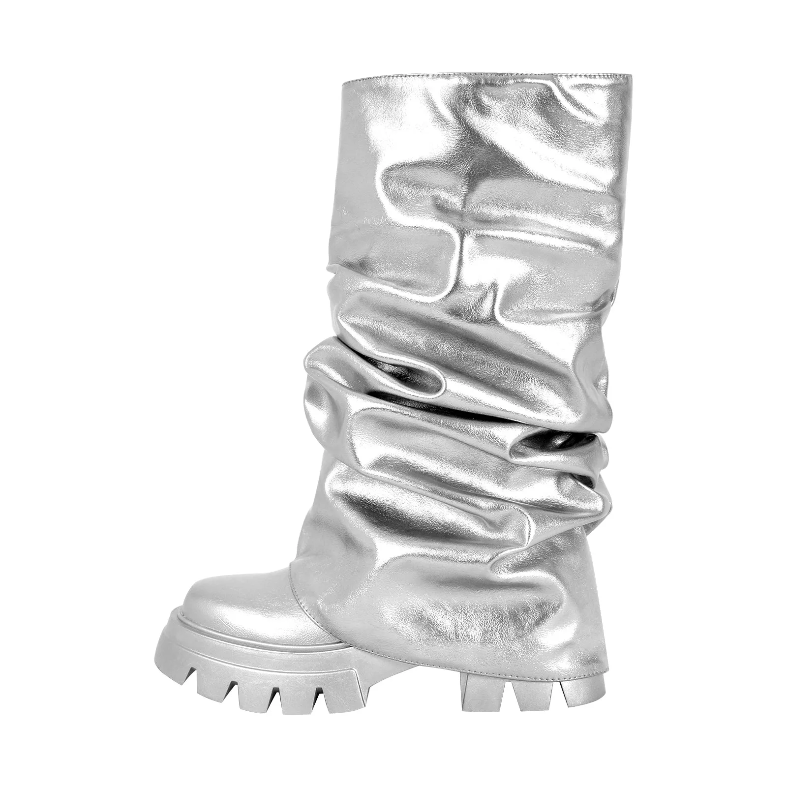 Round Toe Pleated Fold Over Mid-Calf Boots