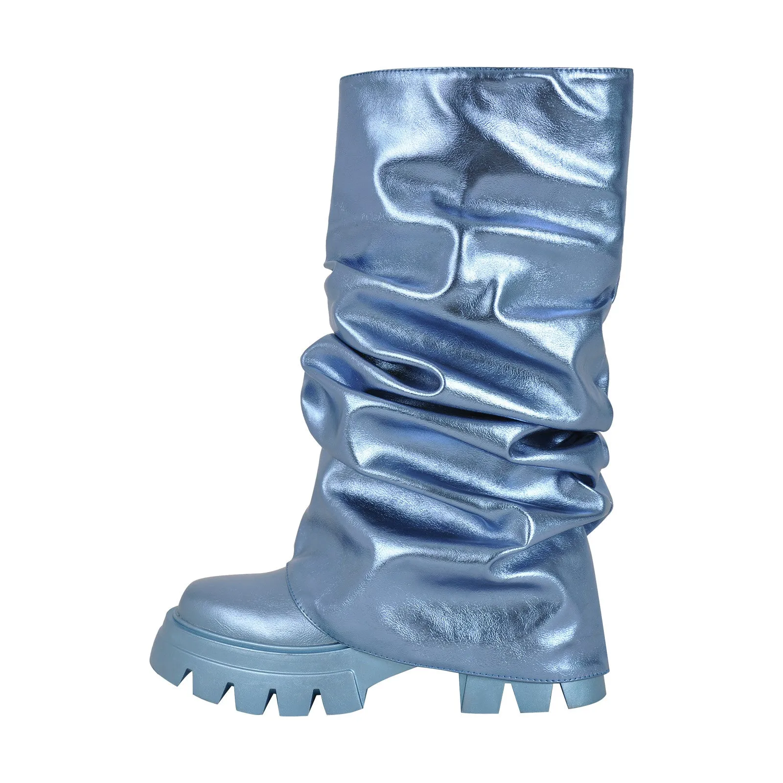 Round Toe Pleated Fold Over Mid-Calf Boots