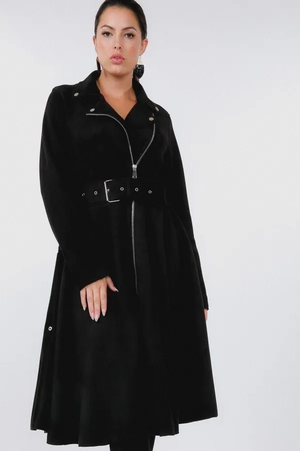 Waist Belt Tacked Faux Suede Coat